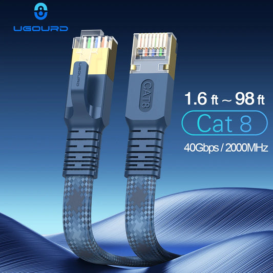CAT 8 Flat Network Internet Cable 40Gbps 2000MHz Round RJ45 Nylon Braided LAN Cable Patch Cord for Modem Router PC PS4/5/6 Xbox