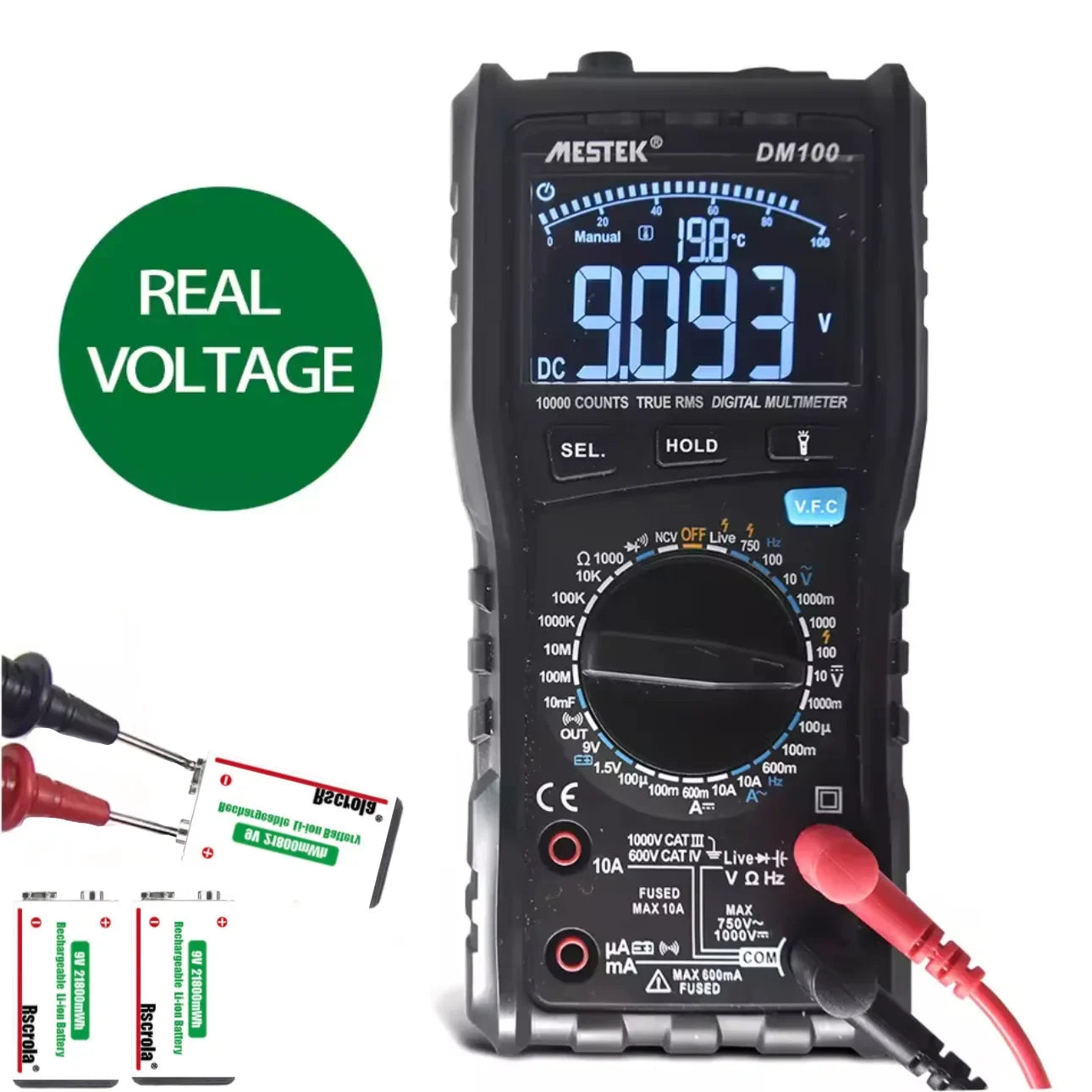 Type-C Rechargeable 9V Lithium ion  Battery 21800mWh High Capacity for Guitar Microphone Smoke Detector Pedal with Cable