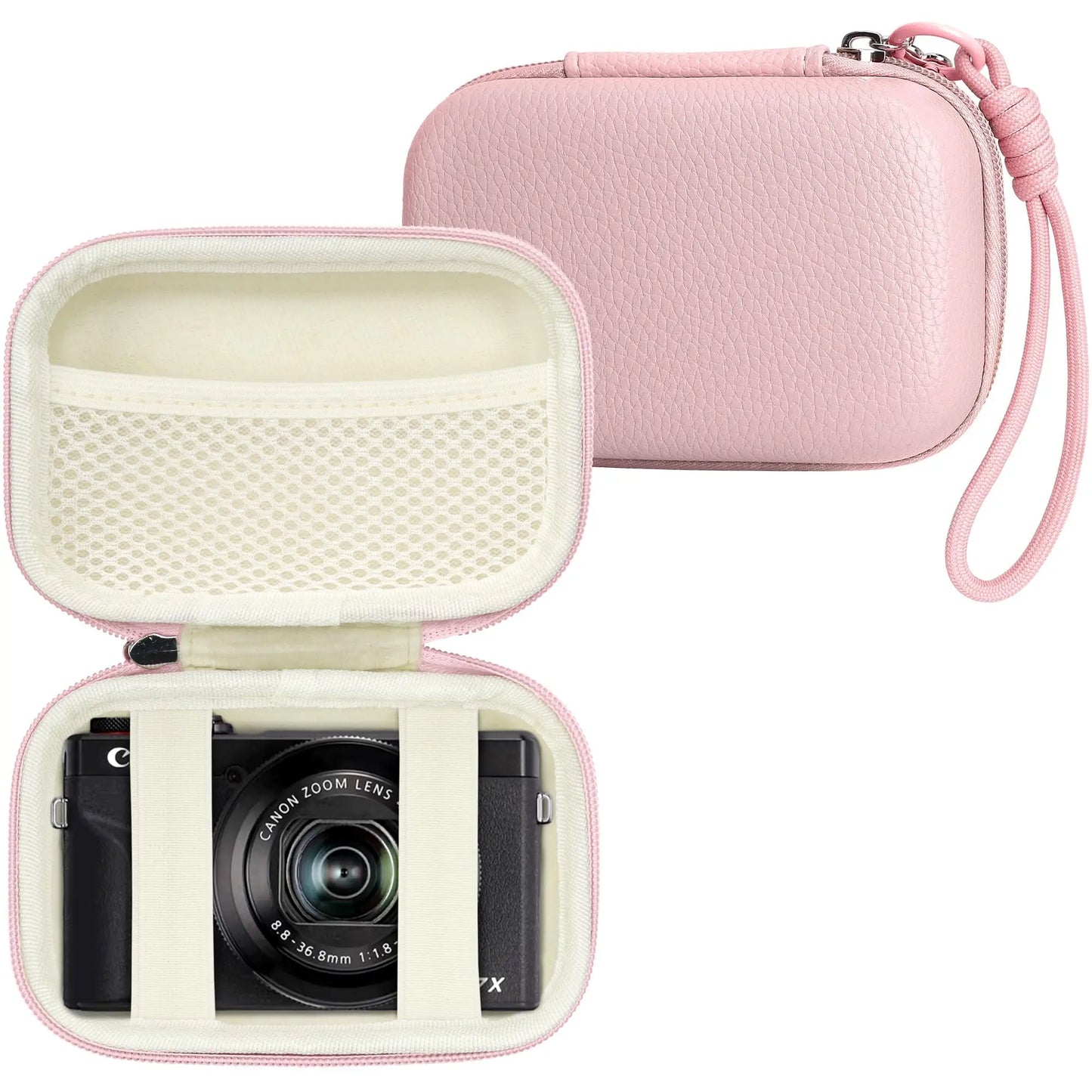Digital Camera Case for CAMKORY, Small Travel Compact Camera Holder with Mesh Pocket for Accessories SD Card (Pink)