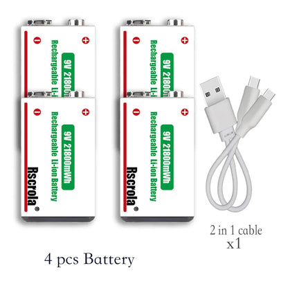 Type-C Rechargeable 9V Lithium ion  Battery 21800mWh High Capacity for Guitar Microphone Smoke Detector Pedal with Cable