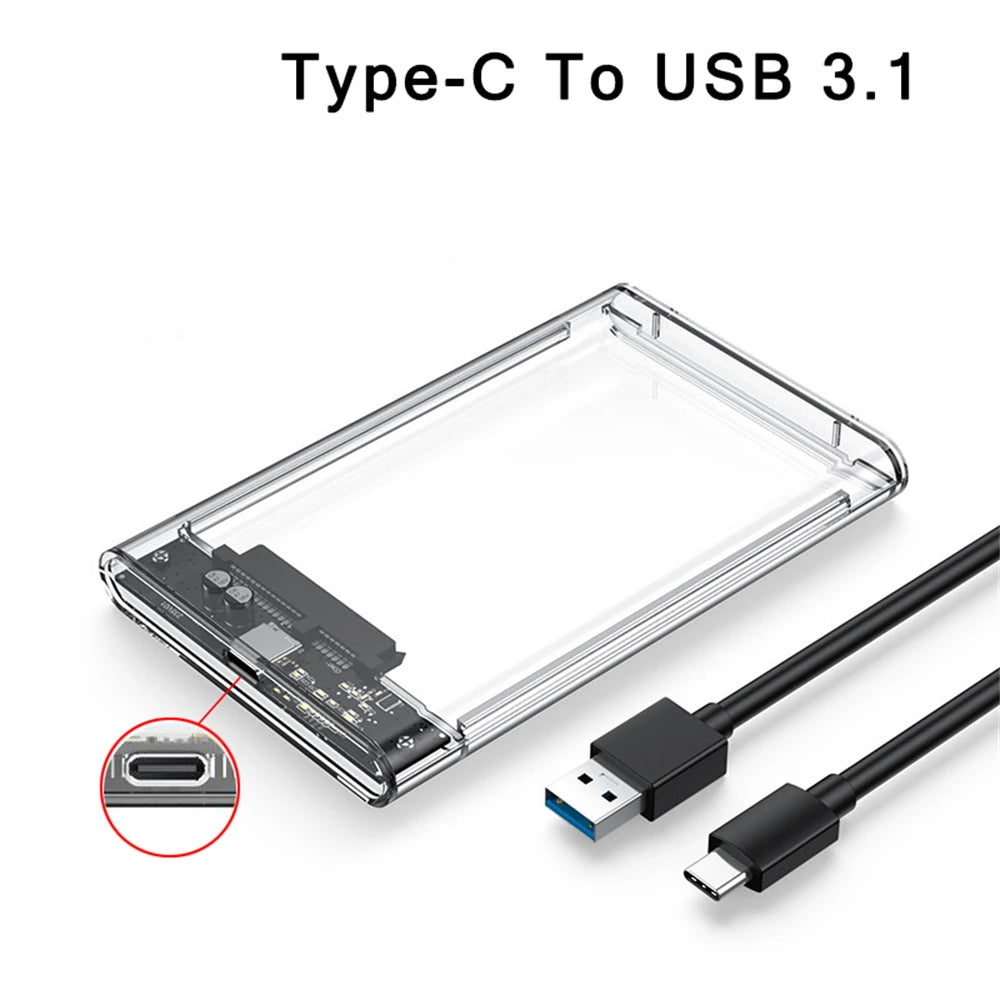 2.5 inch Hard Drive Enclosure USB 3.0/Type C to SATA III Clear External Hard Drive Case for 2.5 inch SATA SSD HDD Support UASP