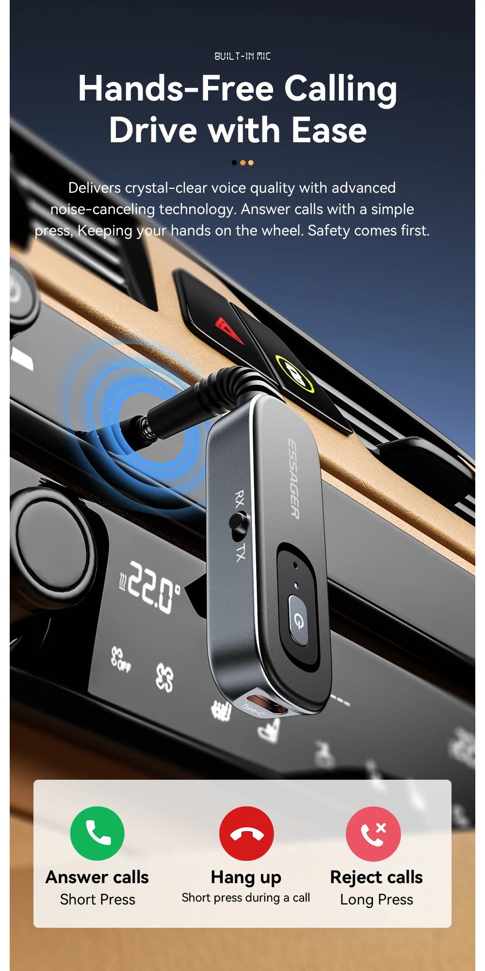 Essager 2-in-1 Bluetooth Audio Receiver Transmitter Wireless Bluetooth 5.1 3.5mm AUX Audio Adapter Stereo for Earphones TV Car