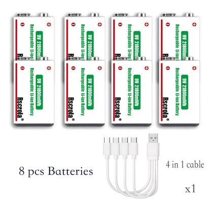 Type-C Rechargeable 9V Lithium ion  Battery 21800mWh High Capacity for Guitar Microphone Smoke Detector Pedal with Cable