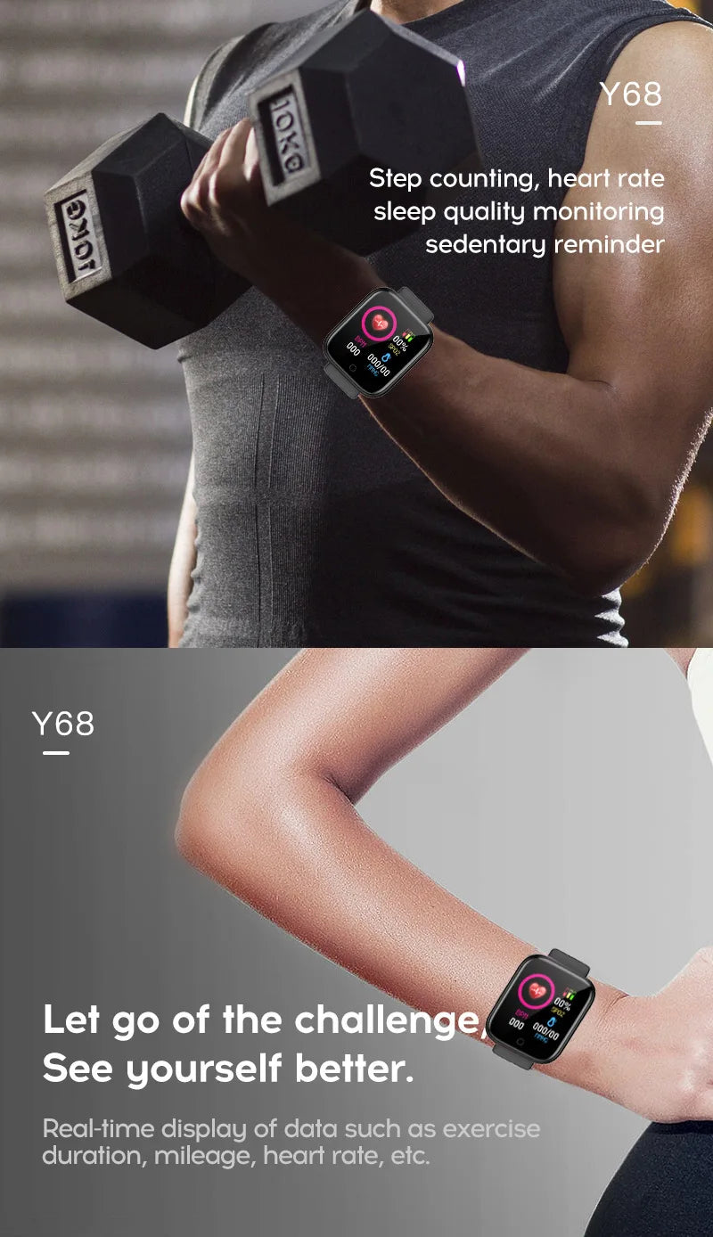 Y68 Smart Watch Men Women Heart Rate Oxygen Blood Pressure Monitoring Multi-Function Sleep Monitoring Smartwatch for Ios Android