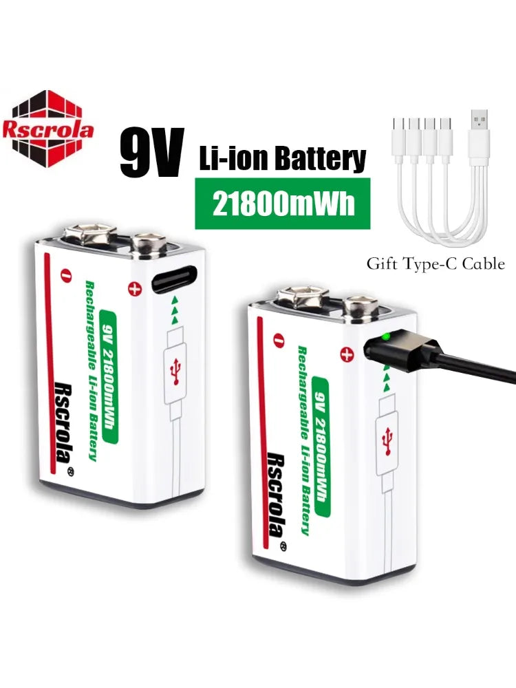Type-C Rechargeable 9V Lithium ion  Battery 21800mWh High Capacity for Guitar Microphone Smoke Detector Pedal with Cable