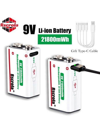 Type-C Rechargeable 9V Lithium ion  Battery 21800mWh High Capacity for Guitar Microphone Smoke Detector Pedal with Cable
