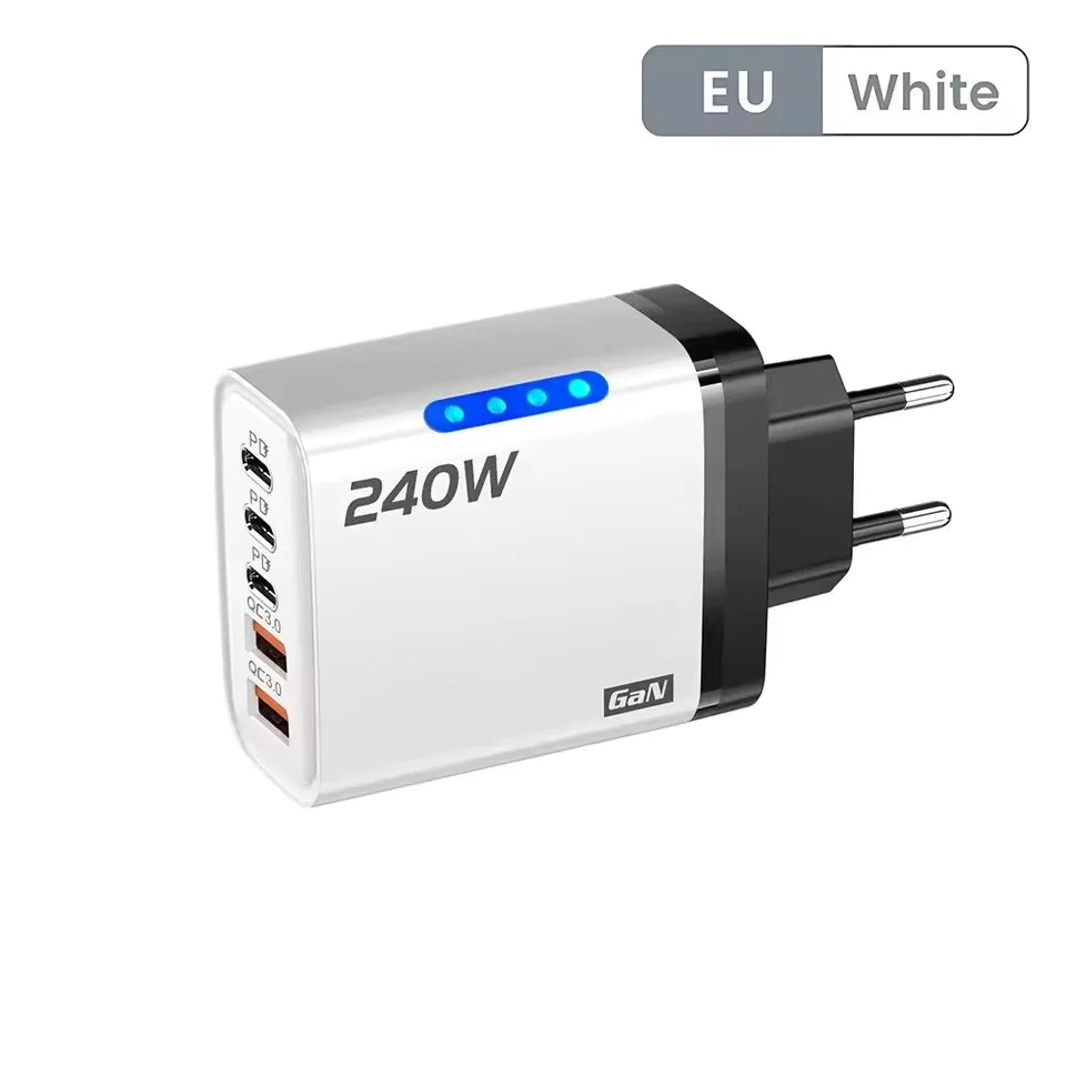5 in 1 GaN USB C Desktop Charger 240W Fast Charge Phone Adapter braid Type C Cable For iPhone Samsung Xiaomi EU/US Plug Charger