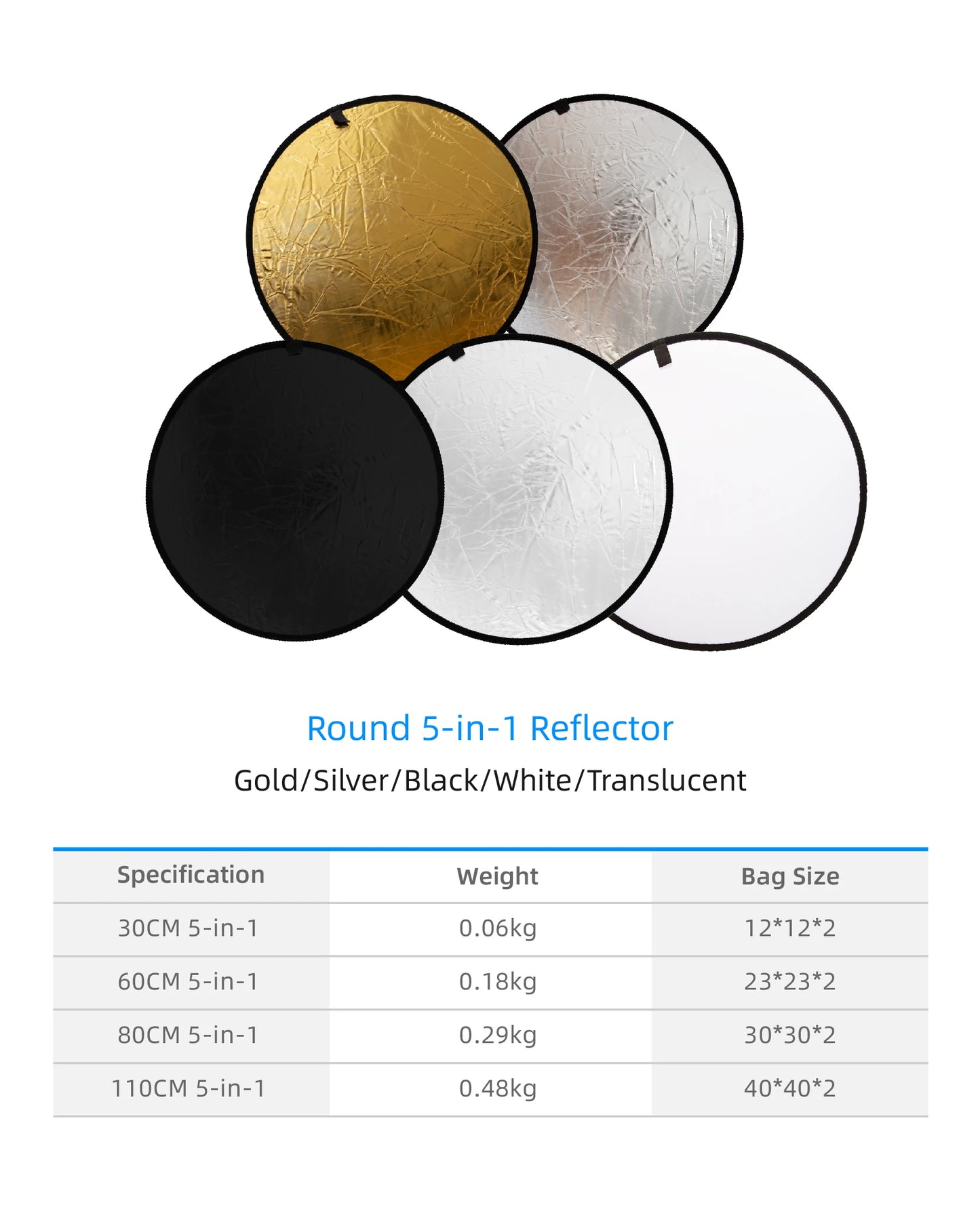 RF01 24" Reflector 5in1 30CM 60CM 80CM 110CM Silver White Gold Portable Collapsible Soft Light Round Photography for Studio 2in1